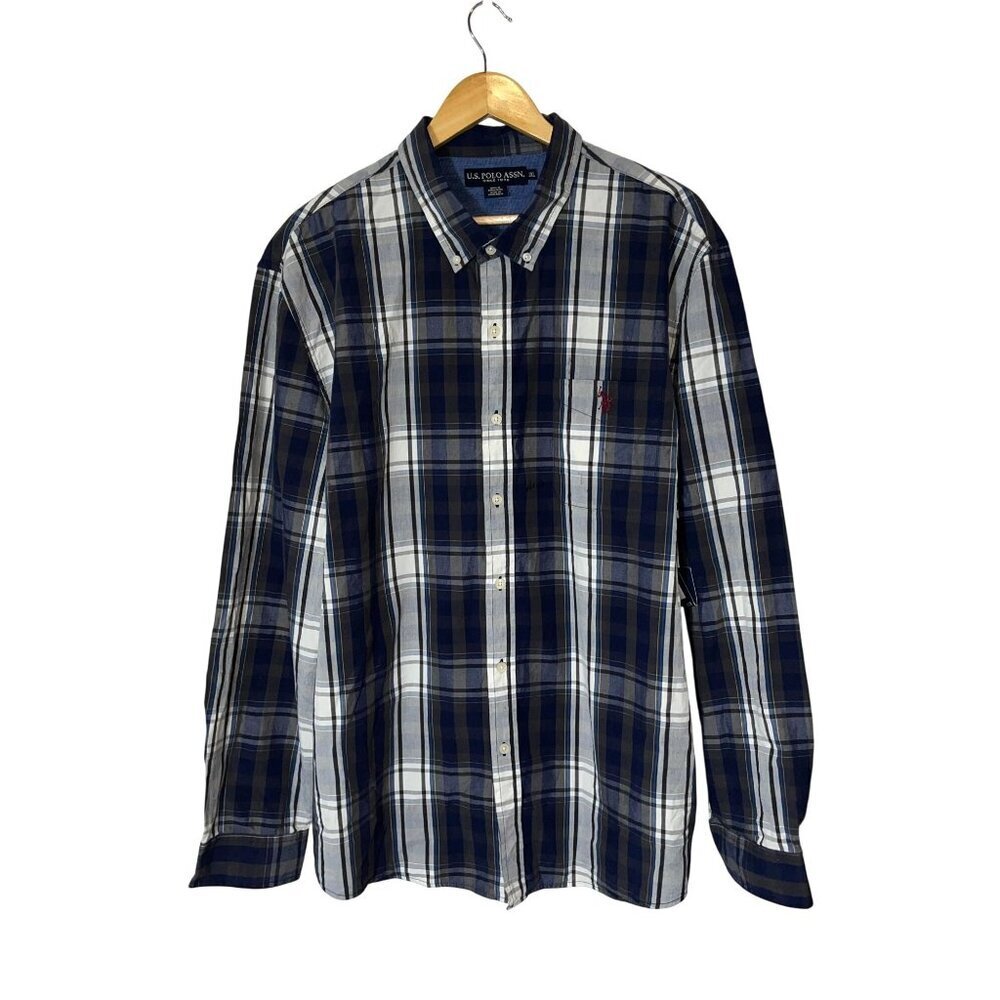 U.S. Polo Assn. Mens 3XL Blue & White Plaid Button-Down Shirt